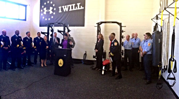 IMAGE: Mayor Rawlings-Blake and Fire Chief Ford reveal newly renovated firehouse gym facilities